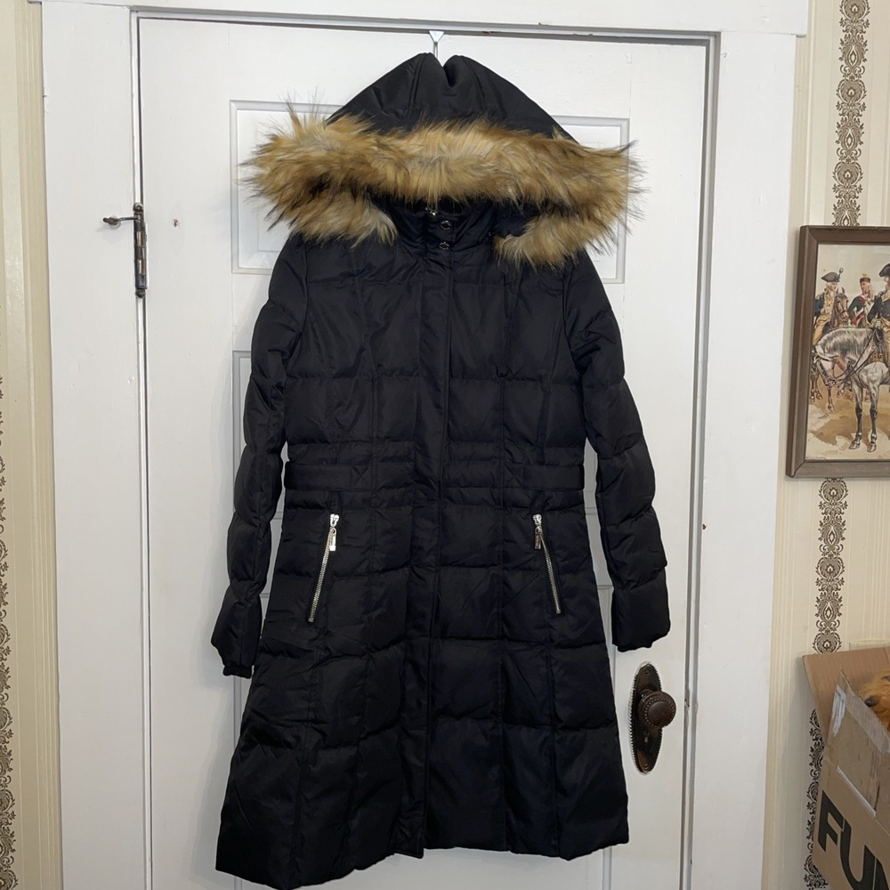NWT Black Quilted Full Length, Fur Trim Hood, XS OROLAY Down Fill‎ Coat